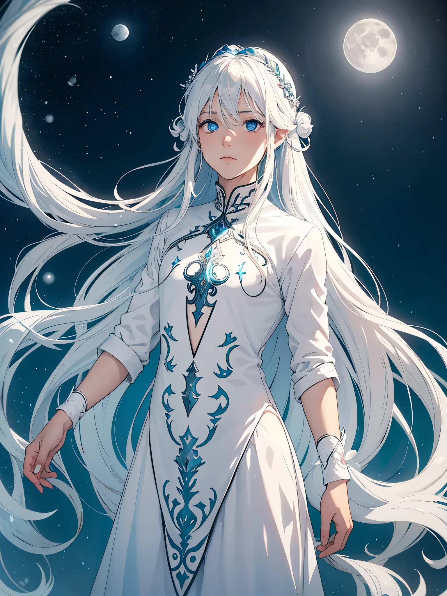 masculine. no breasts. longer hair. blue lights. Long hair. long white hair. aquatic, boy, Goddess of the Moon, silver hair accessories, White hair, White dress, cape, at night, saturated colors, light eyes, bright, light blue light, blue eyes, Jewelry silver, bluish light, Full moon in the background, aquatic in the air pink candles