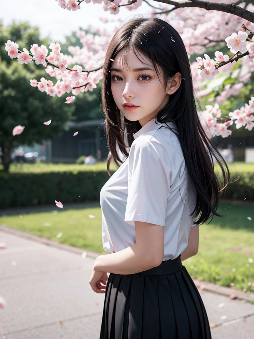 1 woman, black skirt, branch, building, chain-link fence, Cherry Blossom, fence, long hair, outdoors, petal, pleated skirt, rain, shirt, short sleeve, skirt, alone, standing, tree,
sky,street,raw, shoot, (sharp focus:1.5), (realistic:1.4), twilight lights, volumetric lighting, ultra high resolution, 16,000,dramatic lighting,