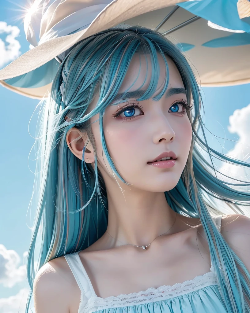 (Highest quality, 32k, High resolution, Masterpiece:1.5, ), marimo_jet, god々A photograph with brilliant dazzling and healing power., Evoking a sense of calm and elusive beauty, Expressing emotions, Have a rich imagination, Beautiful Japanese Girls, ((Low - Angle:1.4)), An exceptionally beautiful face, Small Face Beauty, Perfect Human Anatomy, Magical big eyes, Motherhood and generosity, Deep Love, fleeting smile, ((Shiny light blue hair:1.4)), Super long straight silk hair swaying in the wind, Asymmetrical bangs, Hair between the eyes, Transparent, soft white skin, Sharp eyebrows, Thin lashes, Natural Makeup, Cheek highlighter, Lips with fine detail, (White see-through camisole:1.4), High resolutionの完璧な鎖骨, High resolutionの美しい胸元, Slim figure with ample breasts, High resolutionの美しい太もも, ((Beautifully detailed skies:1.2)), ((Vibrant petal effect:1.3)), Professional photographer, Professional Lighting, Professional models, god秘的