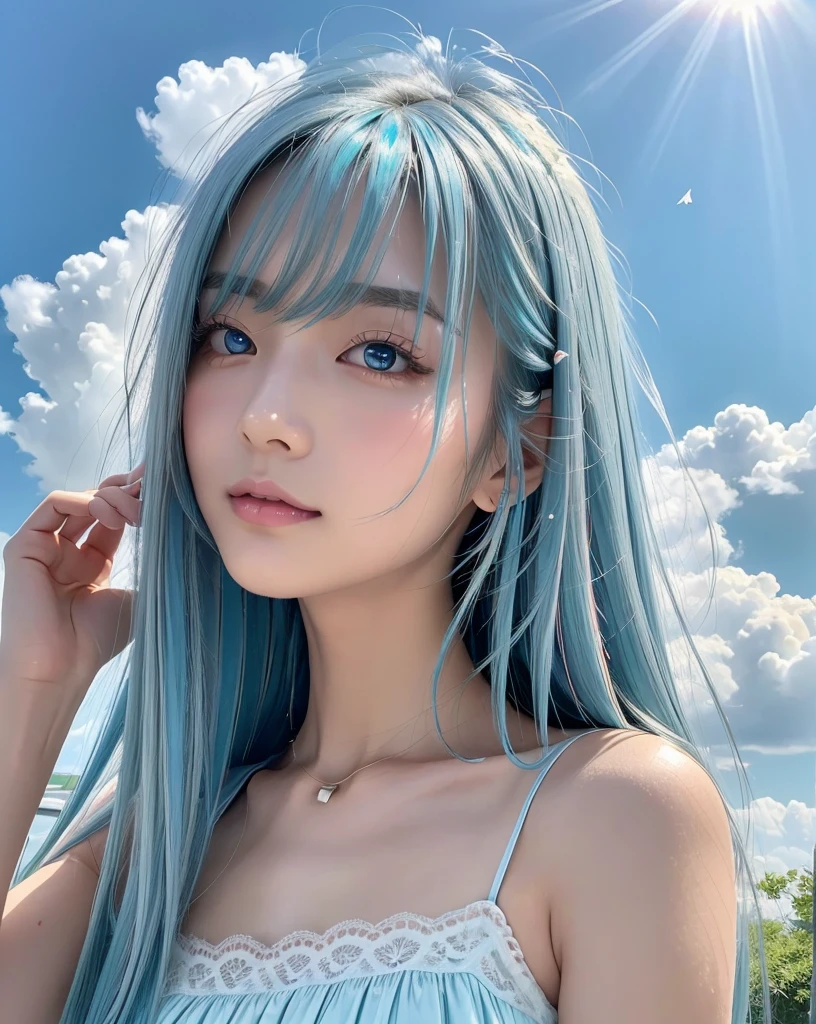 (Highest quality, 32k, High resolution, Masterpiece:1.5, ), marimo_jet, god々A photograph with brilliant dazzling and healing power., Evoking a sense of calm and elusive beauty, Expressing emotions, Have a rich imagination, Beautiful Japanese Girls, ((Low - Angle:1.4)), An exceptionally beautiful face, Small Face Beauty, Perfect Human Anatomy, Magical big eyes, Motherhood and generosity, Deep Love, fleeting smile, ((Shiny light blue hair:1.4)), Super long straight silk hair swaying in the wind, Asymmetrical bangs, Hair between the eyes, Transparent, soft white skin, Sharp eyebrows, Thin lashes, Natural Makeup, Cheek highlighter, Lips with fine detail, (White see-through camisole:1.4), High resolutionの完璧な鎖骨, High resolutionの美しい胸元, Slim figure with ample breasts, High resolutionの美しい太もも, ((Beautifully detailed skies:1.2)), ((Vibrant petal effect:1.3)), Professional photographer, Professional Lighting, Professional models, god秘的