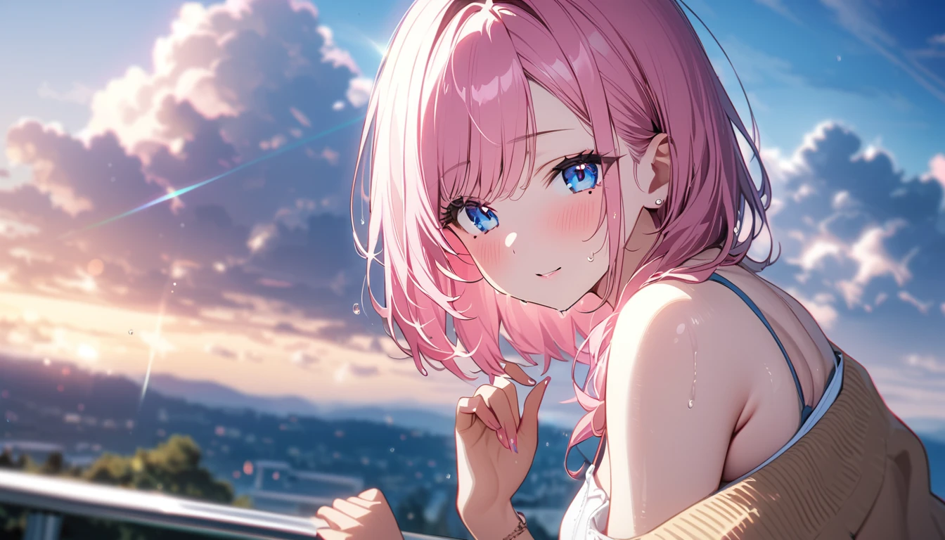 (1 girl),(Best Picture Quality, 8K, Masterpiece:1.3), (high school student:1.5), ((pink lob hair:1.1)), (bob cut),(swept bangs), (cute eyes, pupil black, iris skyblue, youthful face), (mole under right eye), (standard weight), (small breasts), (glistening skin:1.1),(pale skin:1.2),(off shoulder),((Gyaru fashion:1.3)),(wet:1.1),(blue sky, blurry, blurry background, chromatic aberration, cloud, cloudy sky, day, depth of field, glint, outdoors, sky),(magnificent view),(overlooking).