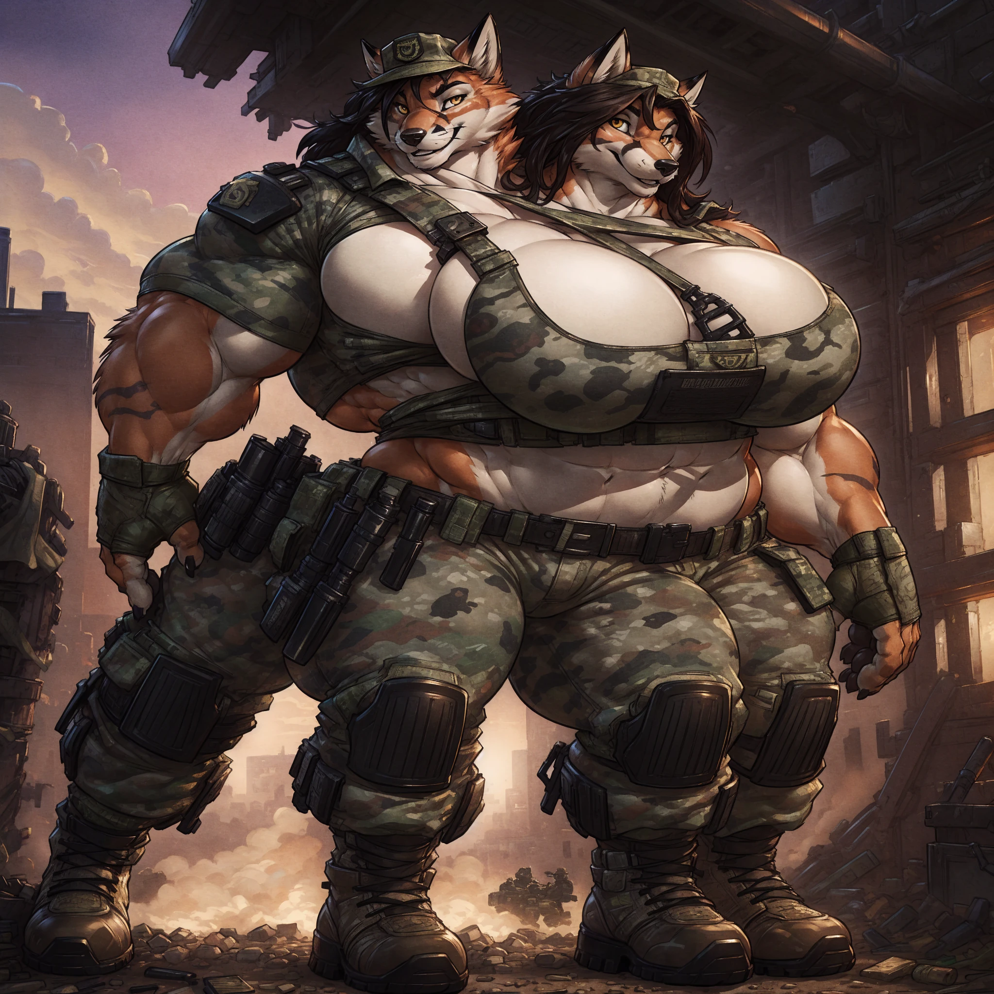 solo, 1girl, fox, female, broad shoulders, stocky build, buff, muscular, huge breasts, gold eyes, highly detailed eyes, long snout, Amazon, powerful figure, wearing camouflage_uniform, (urban uniform:1.2), military camp, rolled sleeves, shirt, trousers, cleavage, standing upright, combat boots, full body, smiling, friendly, looking at viewer, realistic lighting, by darkgem, by wfa, by gideon,