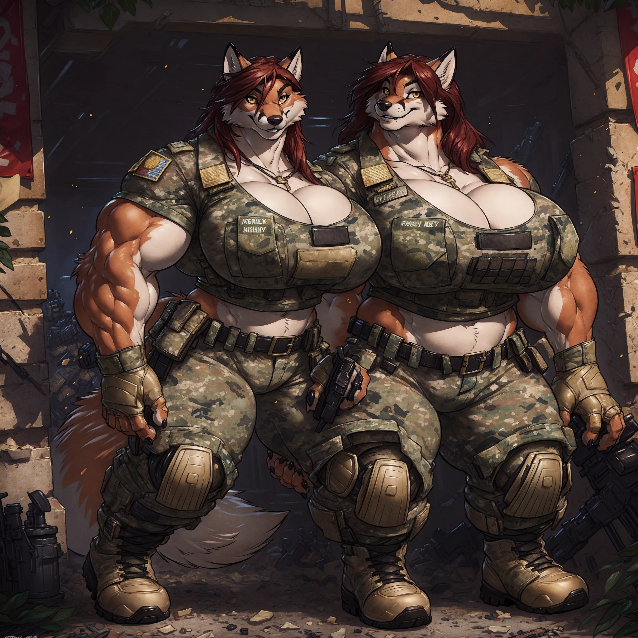 solo, 1girl, fox, female, broad shoulders, stocky build, buff, muscular, huge breasts, gold eyes, highly detailed eyes, long snout, Amazon, powerful figure, wearing camouflage_uniform, (urban uniform:1.2), military camp, rolled sleeves, shirt, trousers, cleavage, standing upright, combat boots, full body, smiling, friendly, looking at viewer, realistic lighting, by darkgem, by wfa, by gideon,