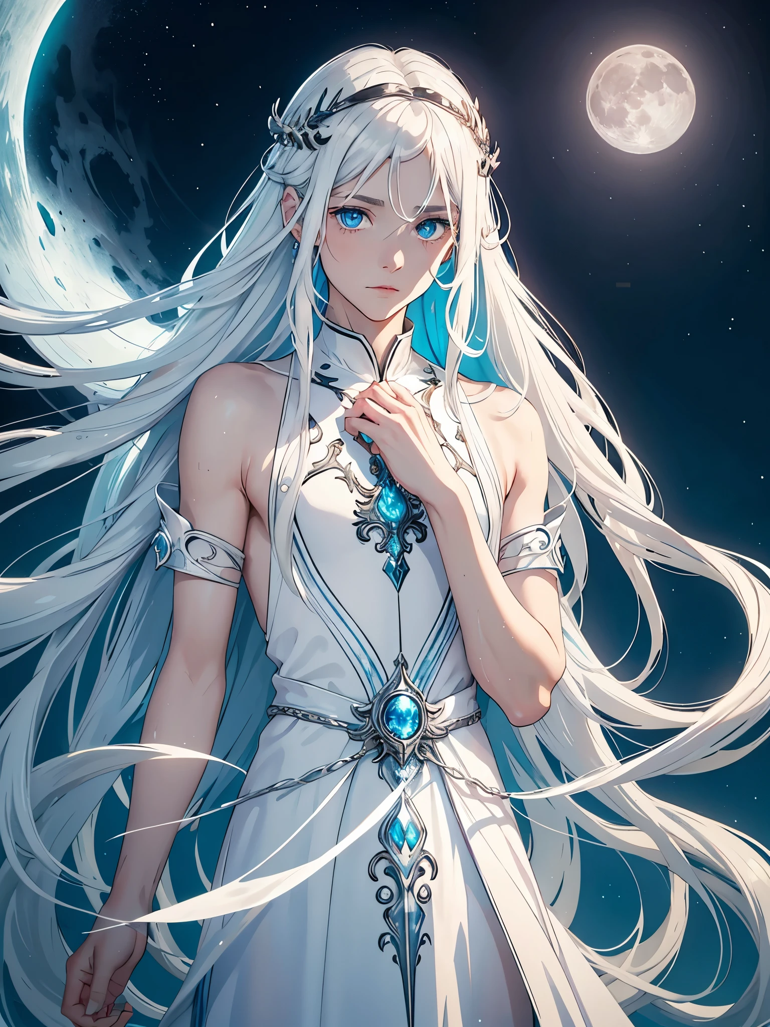 Weiblicher. Long hair. long white hair. aquatic, boy, Goddess of the Moon, silver hair accessories, White hair, White dress, cape, at night, saturated colors, light eyes, bright, light blue light, blue eyes, Jewelry silver, bluish light, Full moon in the background, aquatic in der Luft rosa kerzen