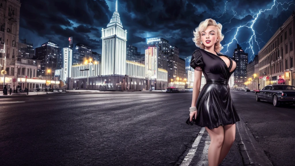 Masterpiece, Marilyn monroe, 20 years old women, high resolution, perfect body, 80's outfit, night, cloudy windy with lightning, ultra detailed, aesthetic, masterpiece, best quality, photorealistic, 8k, dark city behind, wallpaper