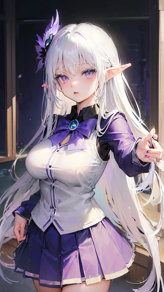 (((Itsuka Shido(date a live))),((gender bender,white hair,dark purple_eyes,cowboy shot,long straight hair)),((school uniform,Large Breasts:1.5,elf,tall))