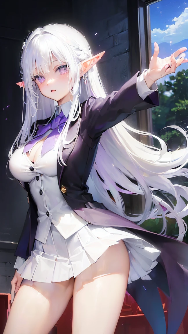 (((Itsuka Shido(date a live))),((gender bender,white hair,dark purple_eyes,cowboy shot,long straight hair)),((school uniform,Large Breasts：1.5,elf,tall))