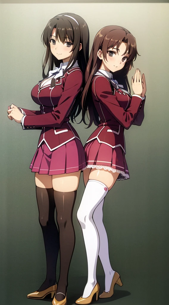 Masterpiece, high quality, 2girls, duo, identical twins, identical sisters, brown hair, curly hair, matching hairstyles, hazel eyes, medium sized bust, (school uniform, sexy school uniform, blazer, lace section, ribbon, rainbow short skirt, white thigh-high socks, black high heels, matching outfits), smile, flat_colour, full body, seductive pose, Duo pose: From the side angle, people's body curves are beautiful.
hugged from the side