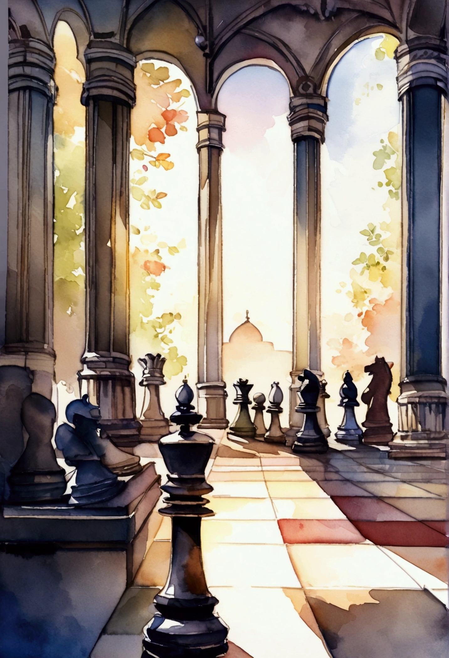 chess in the palace park, watercolor