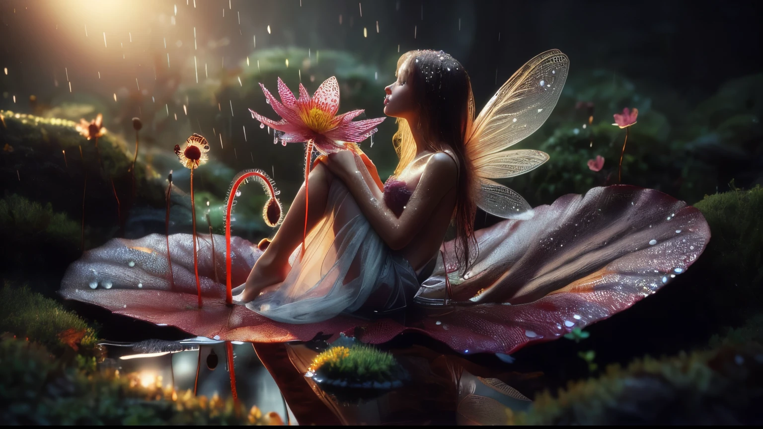 a beautiful sunchoke fairy sitting on a leaf in the rain, giving a flower a bath, tiny flowers, dewy moss, sundew flowers, forest scene, backlit, morning sun, 8k resolution,High contrast image, close up image of a black leaf with water droplets, subtle colored reflected by water droplets reflecting the beauty of a young woman,