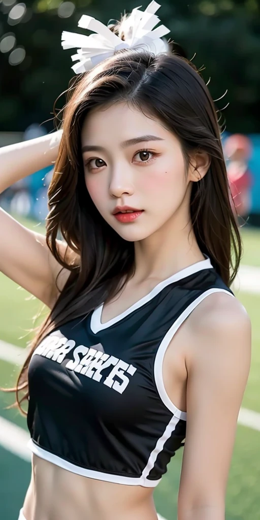 cheerleader,little smile,cheer leading,cheerleader uniform, (((masterpiece))), (((best quality))), ((ultra-detailed)), (illustration), ((an extremely delicate and beautiful)),(bokeh,blurry background),(best shadow), 1girl,white panties, black hair, long hair, kawaii,cute,, shine Highlight Spot on eyes, character focus,head tilt,