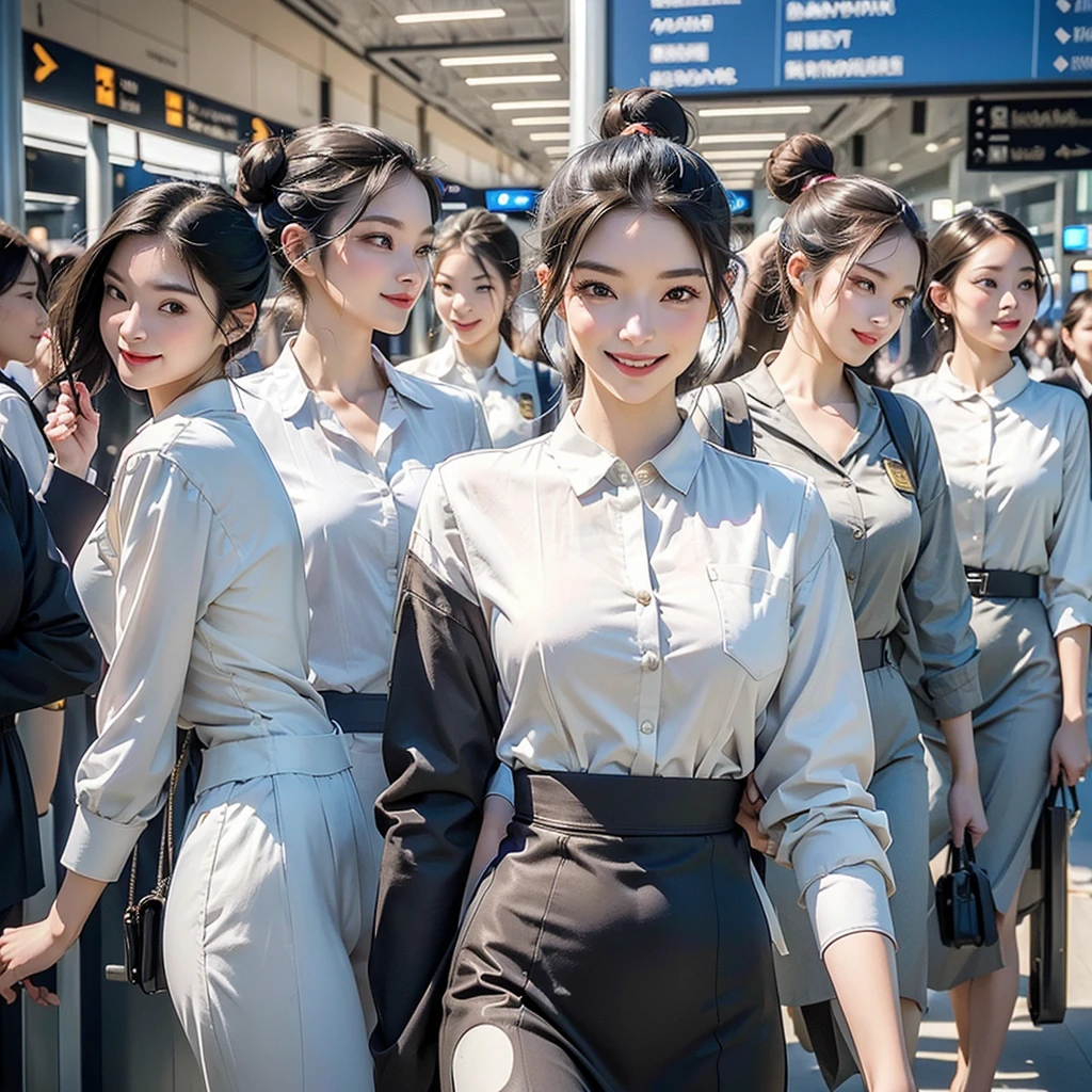 ((Highest quality、Tabletop、8K、Best image quality、Hyperrealism))、(5 female ground staff、Group of women walking side by side、Several women walking together、A group of stewardesses walking together、Cowboy Shot、5 people wearing the same uniform、Photo from the waist up)、((Location: Airport Plaza...、Five women walking through the airport、A perfectly detailed airport interior、Super detailed airport plaza))、((perfect stewardess uniform、Hair Bun))、Biggest Smile、white big teeth、Perfect Makeup、Long eyelashes、Look at me、Have the best smile、Perfect ???????、The lighting is very bright
