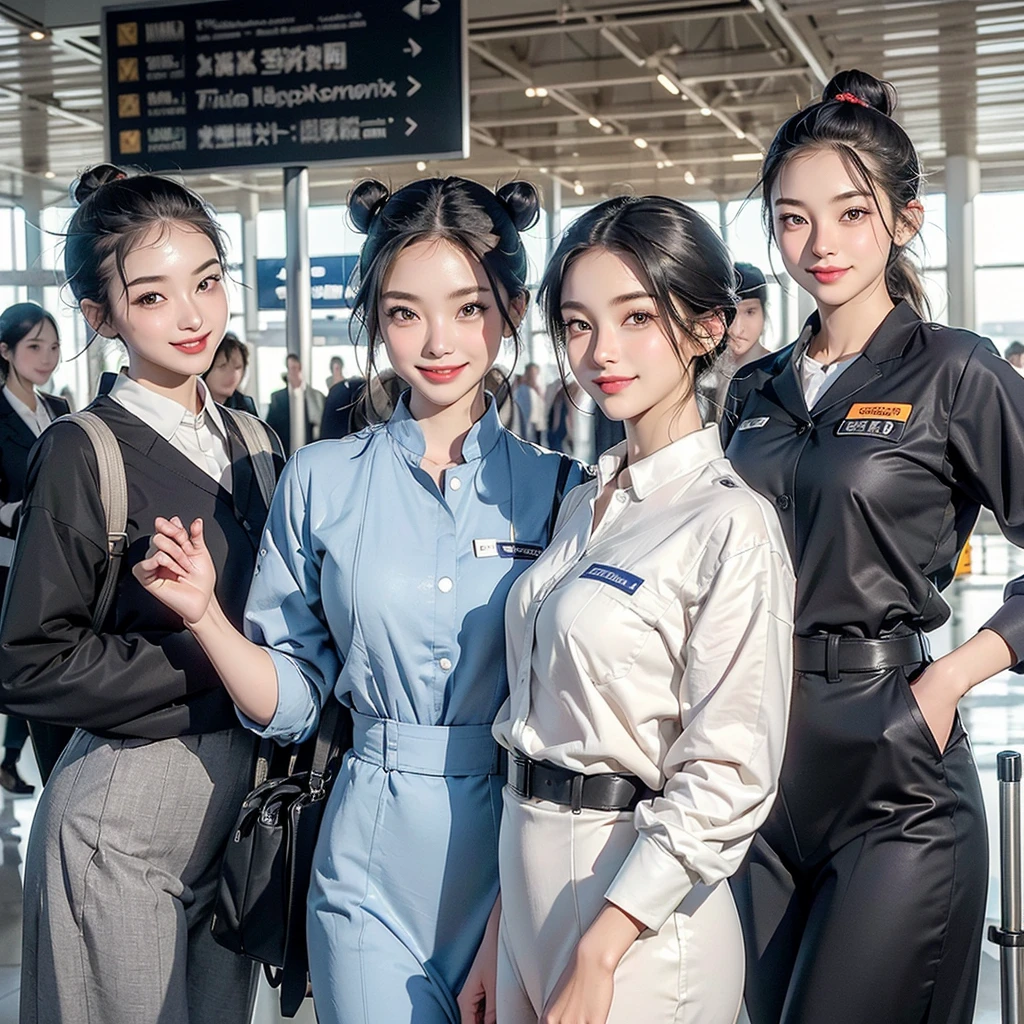 ((Highest quality、Tabletop、8K、Best image quality、Hyperrealism))、(5 female ground staff、Group of women walking side by side、Several women walking together、A group of stewardesses walking together、Cowboy Shot、5 people wearing the same uniform、Photo from the waist up)、((Location: Airport Plaza...、Five women walking through the airport、A perfectly detailed airport interior、Super detailed airport plaza))、((perfect stewardess uniform、Hair Bun))、Biggest Smile、white big teeth、Perfect Makeup、Long eyelashes、Look at me、Have the best smile、Perfect Anatomy、The lighting is very bright