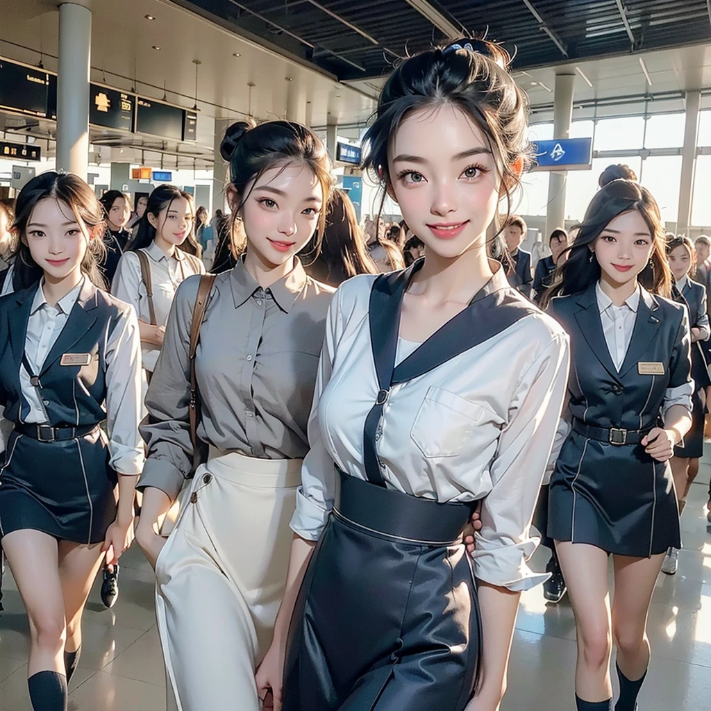 ((Highest quality、Tabletop、8K、Best image quality、Hyperrealism))、(5 female ground staff、Group of women walking side by side、Several women walking together、A group of stewardesses walking together、Cowboy Shot、5 people wearing the same uniform、Photo from the waist up)、((Location: Airport Plaza...、Five women walking through the airport、A perfectly detailed airport interior、Super detailed airport plaza))、((perfect stewardess uniform、Hair Bun))、Biggest Smile、white big teeth、Perfect Makeup、Long eyelashes、Look at me、Have the best smile、Perfect Anatomy、The lighting is very bright