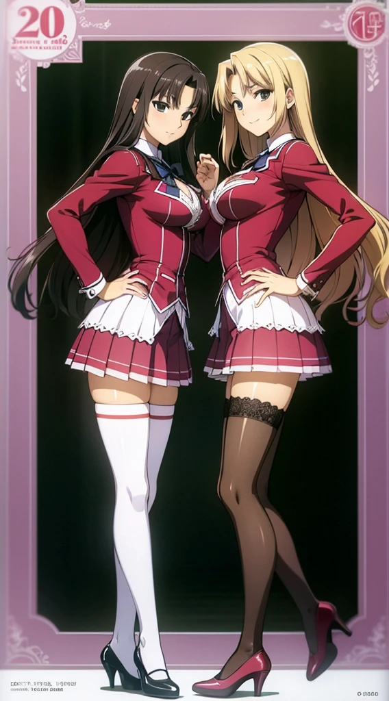 Masterpiece, high quality, 2girls, duo, identical twins, identical sisters, brown hair, curly hair, matching hairstyles, hazel eyes, medium sized bust, (school uniform, sexy school uniform, blazer, lace section, ribbon, rainbow short skirt, white thigh-high socks, black high heels, matching outfits), smile, flat_colour, full body, seductive pose, Duo pose: From the side angle, people&#39;s body curves are beautiful.
hugged from the side