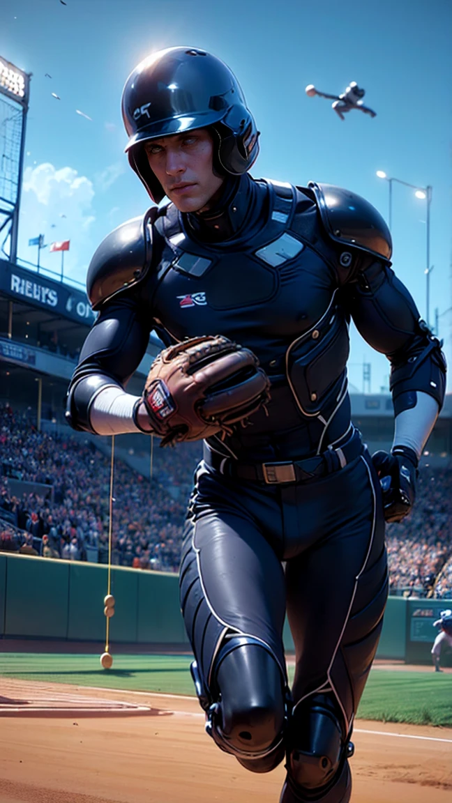 top quality, future world, State-of-the-art robot, ((Thin Beautiful Woman wear in cyborg, showing waist and cleavages)), flying hair, Transformed into a cyborg except for the face, Transformed into a cyborg except for the shoulder, sexy images, whole body photo, (((baseball player, running on the court in cyborg style, swing the baseball bat in hand, helmet)))