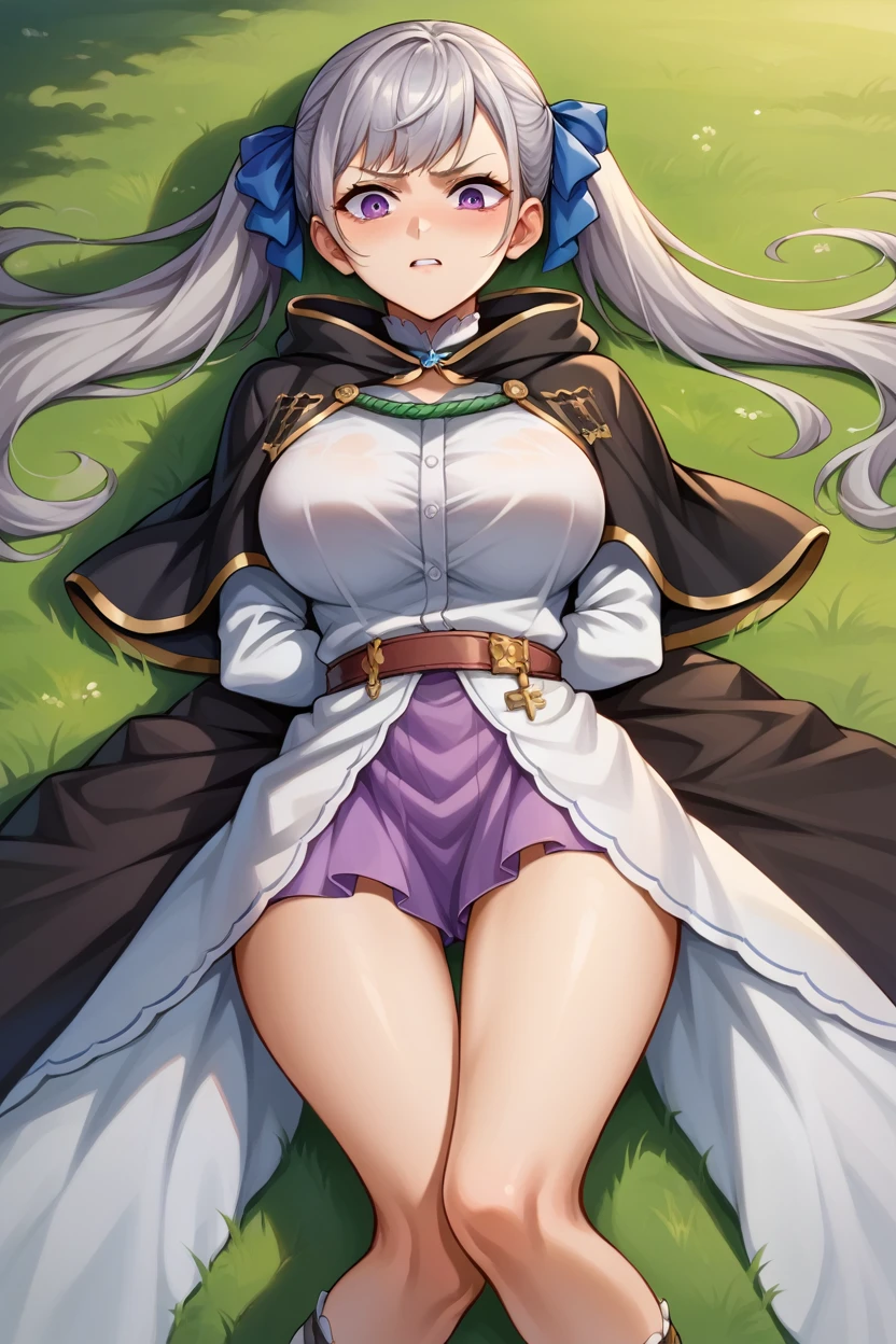 score_9, score_8_superior, score_7_superior, score_6_superior, sauce_Anime BREAK 1 Girl,  Noel Silva, Grey Hair, Purple eyes, Twin tails, Hair Ribbon, Black capelet, Green Strap, White and purple dress, Long sleeve, belt, Big Breasts, Conceit, blue sky, Field, superiorper body,Tied up with rope,Lying down,Struggling,