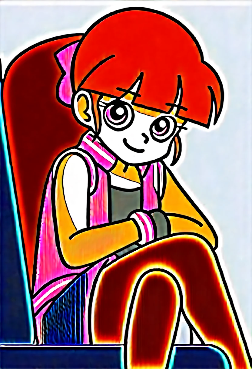 pov, Ranma21, a girl, red hair, braid, red shirt, chinese clothes, shirt, short sleeves, pants, high-waist pants, single braid, long hair, braided ponytail, black pants, crossed legs, looking at viewer, dick flash, penis, foreskin, couch