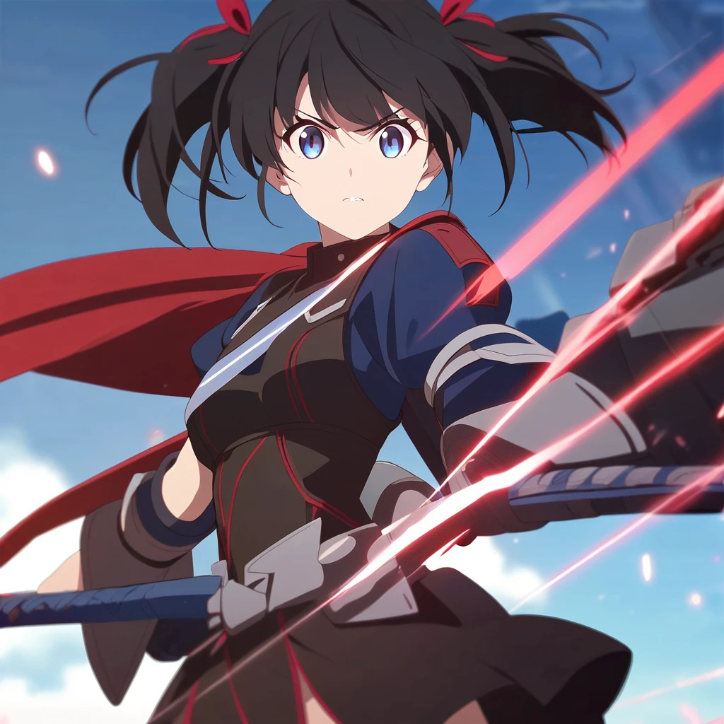 girl, anime, warrior, short hair with red and blue lines, pretty eyes, black hair, full leather, YOUNG, with a fringe in front, epic, with pigtails