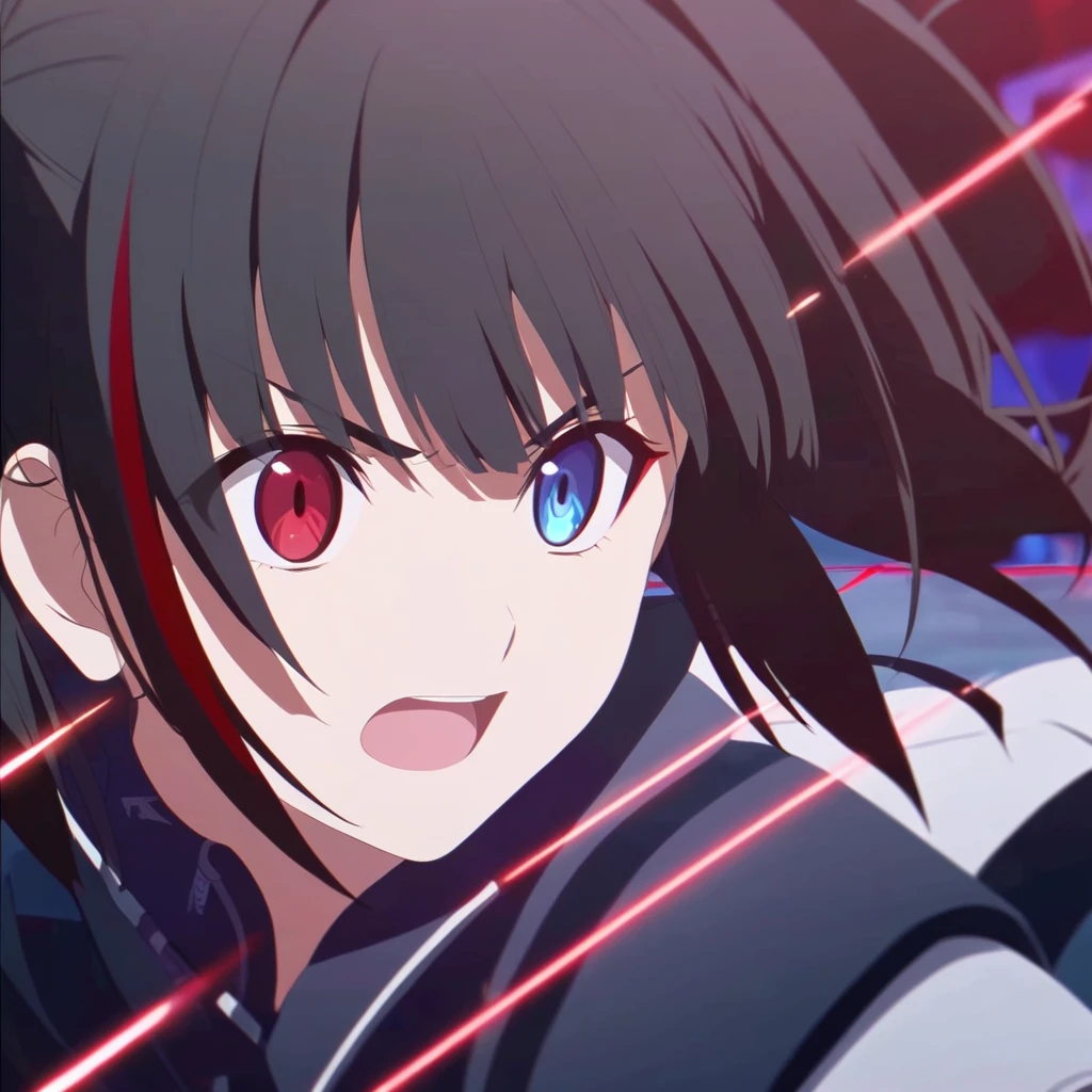 girl, anime, warrior, short hair with red and blue lines, pretty eyes, black hair, full leather, YOUNG, with a fringe in front, epic, with pigtails