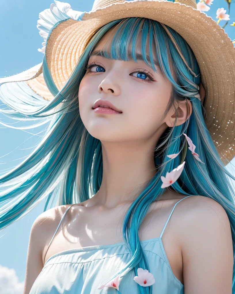 (Highest quality, 32k, High resolution, Masterpiece:1.5, ), marimo_jet, god々A photograph with brilliant dazzling and healing power., Evoking a sense of calm and elusive beauty, Expressing emotions, Have a rich imagination, Beautiful Japanese Girls, ((Low - Angle:1.4)), An exceptionally beautiful face, Small Face Beauty, Perfect Human Anatomy, Magical big eyes, Motherhood and generosity, Deep Love, fleeting smile, ((Shiny light blue hair:1.4)), Super long straight silk hair swaying in the wind, Asymmetrical bangs, Hair between the eyes, Transparent, soft white skin, Sharp eyebrows, Thin lashes, Natural Makeup, Cheek highlighter, Lips with fine detail, (White see-through camisole:1.4), High resolutionの完璧な鎖骨, High resolutionの美しい胸元, Slim figure with ample breasts, High resolutionの美しい太もも, ((Beautifully detailed skies:1.2)), ((Vibrant petal effect:1.3)), Professional photographer, Professional Lighting, Professional models, god秘的