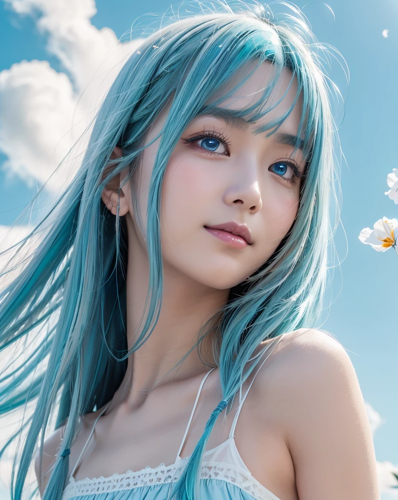 (Highest quality, 32k, High resolution, Masterpiece:1.5, ), marimo_jet, god々A photograph with brilliant dazzling and healing power., Evoking a sense of calm and elusive beauty, Expressing emotions, Have a rich imagination, Beautiful Japanese Girls, ((whole body:1.4)), An exceptionally beautiful face, Small Face Beauty, Perfect Human Anatomy, Magical big eyes, Motherhood and generosity, Deep Love, fleeting smile, ((Shiny turquoise hair:1.4)), Super long straight silk hair swaying in the wind, Asymmetrical bangs, Hair between the eyes, Transparent, soft white skin, Sharp eyebrows, Thin lashes, Natural Makeup, Cheek highlighter, Lips with fine detail, (White see-through camisole:1.4), High resolutionの完璧な鎖骨, High resolutionの美しい胸元, Slim figure with ample breasts, High resolutionの美しい太もも, ((Beautifully detailed skies:1.2)), ((Vibrant petal effect:1.3)), Professional photographer, Professional Lighting, Professional models, god秘的