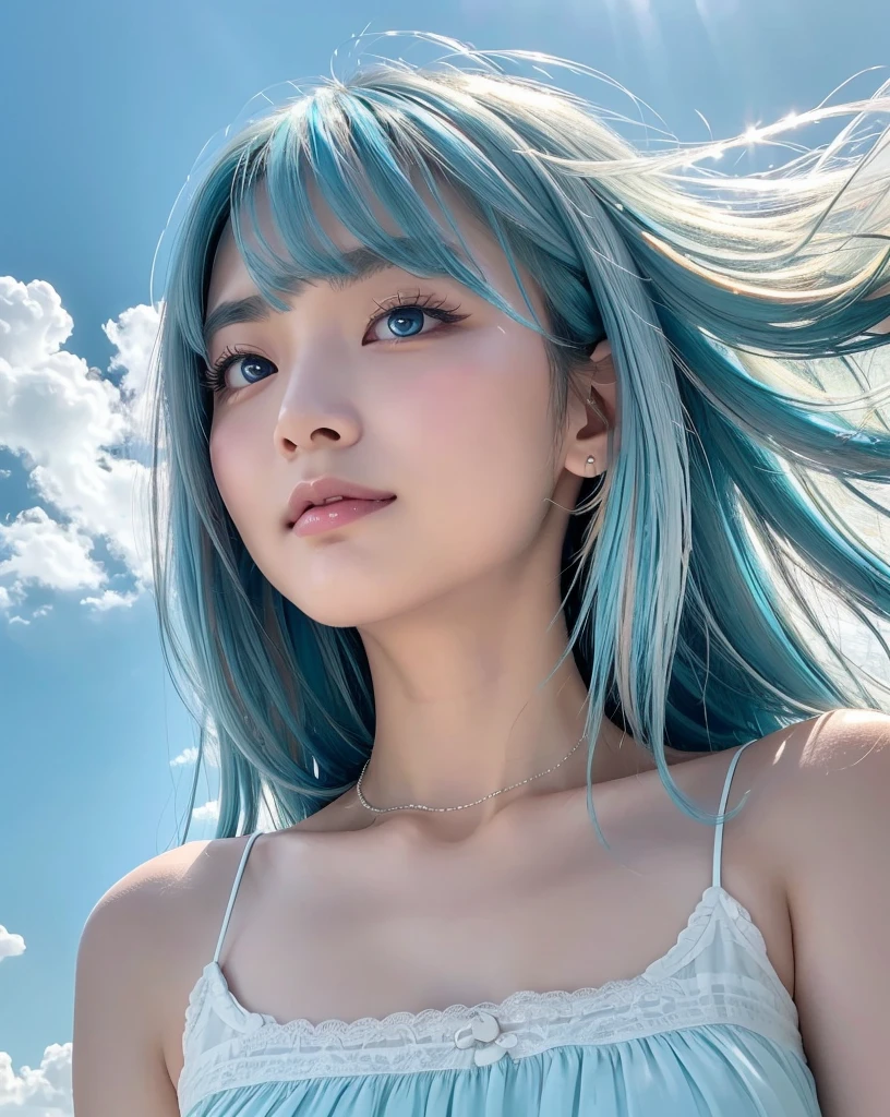 (Highest quality, 32k, High resolution, Masterpiece:1.5, ), marimo_jet, god々A photograph with brilliant dazzling and healing power., Evoking a sense of calm and elusive beauty, Expressing emotions, Have a rich imagination, Beautiful Japanese Girls, ((Low - Angle:1.4)), An exceptionally beautiful face, Small Face Beauty, Perfect Human ???????, Magical big eyes, Motherhood and generosity, Deep Love, fleeting smile, ((Shiny light blue hair:1.4)), Super long straight silk hair swaying in the wind, Asymmetrical bangs, Hair between the eyes, Transparent, soft white skin, Sharp eyebrows, Thin lashes, Natural Makeup, Cheek highlighter, Lips with fine detail, (White see-through camisole:1.4), High resolutionの完璧な鎖骨, High resolutionの美しい胸元, Slim figure with ample breasts, High resolutionの美しい太もも, ((Beautifully detailed skies:1.2)), ((Vibrant petal effect:1.3)), Professional photographer, Professional Lighting, Professional models, god秘的
