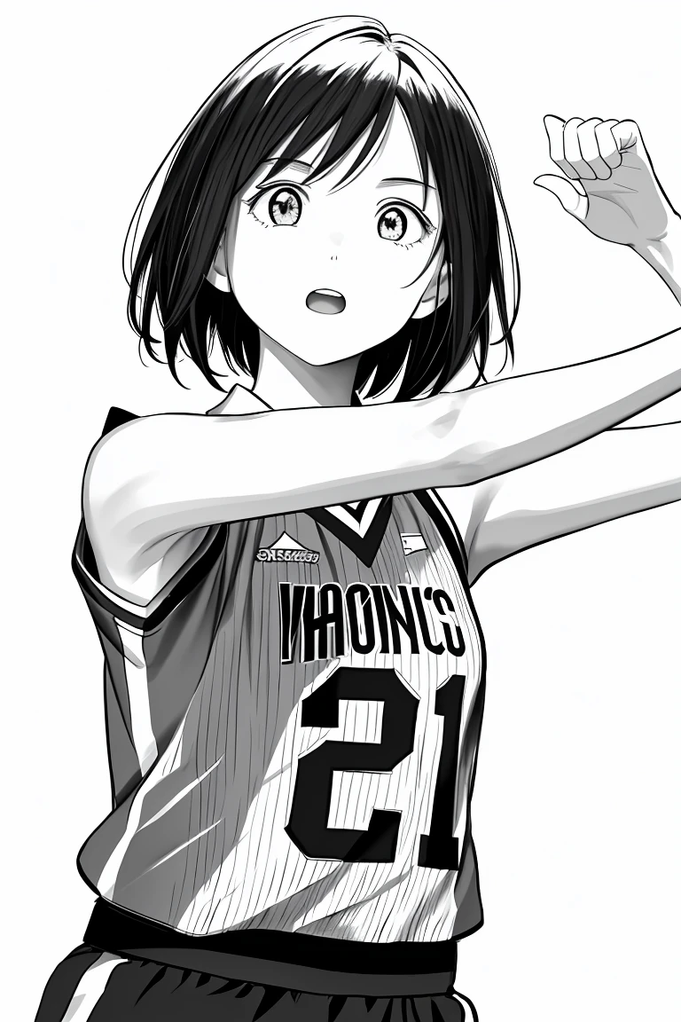 masterpiece,, One Girl, alone, short, White Background, Monochrome, Line art, ((sketch))、Look forward、Wear a basketball uniform、Surprised expression、With arms outstretched、Bob Hair