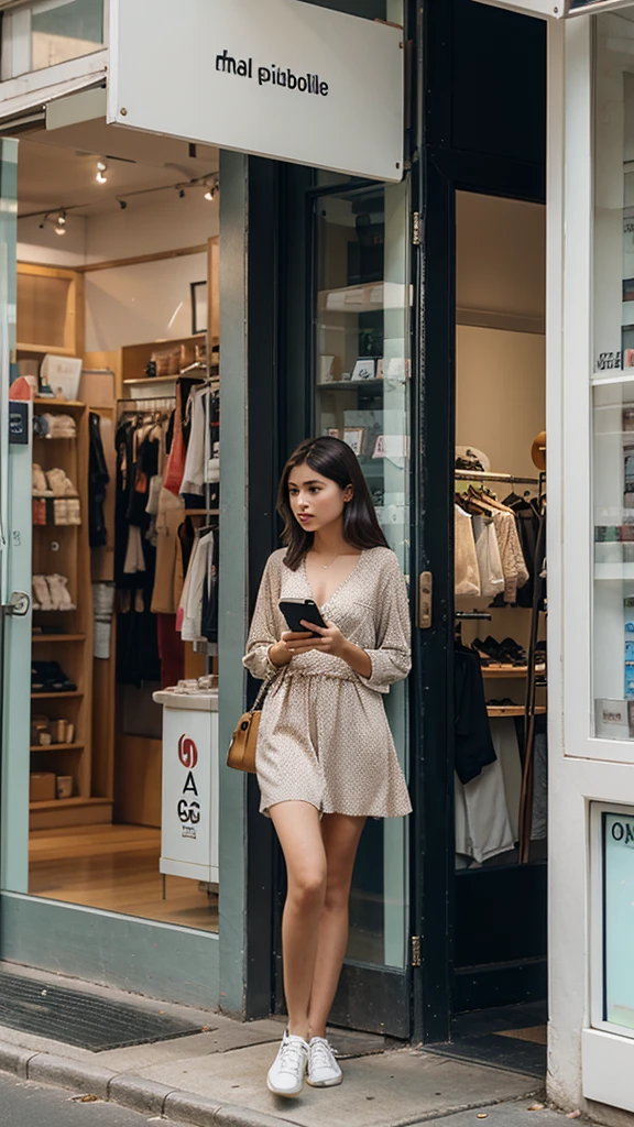A girl is standing at a shop and using her mobile phone