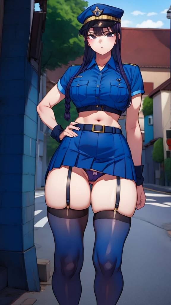 a cartoon character in a sexy suit posing on the street with a bush, police officer, police uniform, 1 girl, police woman, shirt, skirt, hat, tie, police cap, blue eyes, gloves, breasts, purple hair very dark, thighs, solo, navel, garter straps, looking at viewer, short sleeves, large breasts, underwear, miniskirt, midriff, ass visible through thighs, panties, outdoors, indentation, braid, hand in hand hip, belt, black skirt, uniform, collared shirt, frown, thigh highs, peaked cap, crop top, black panties, blue shirt, chest pocket, V-shaped eyebrows, Eiko Tsukimi, blue eyes, purple hair very dark baseball cap