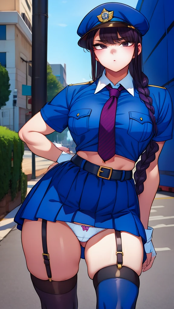 a cartoon character in a sexy suit posing on the street with a bush, police officer, police uniform, 1 girl, police woman, shirt, skirt, hat, tie, police cap, blue eyes, gloves, breasts, purple hair very dark, thighs, solo, navel, garter straps, looking at viewer, short sleeves, large breasts, underwear, miniskirt, midriff, ass visible through thighs, panties, outdoors, indentation, braid, hand in hand hip, belt, black skirt, uniform, collared shirt, frown, thigh highs, peaked cap, crop top, black panties, blue shirt, chest pocket, V-shaped eyebrows, Eiko Tsukimi, blue eyes, purple hair very dark baseball cap