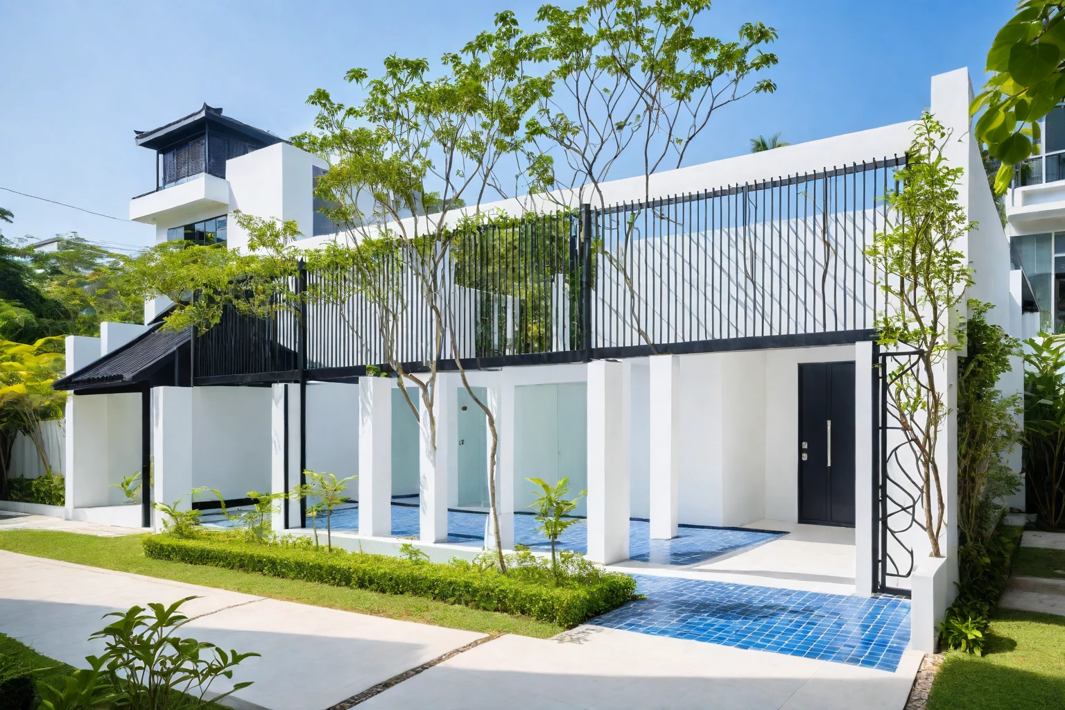 RAW photo , A white minimalism woodandwhite modern house with a double story and simple architecture, surrounded by trees in the yard of Vietnam, featuring a black metal gate and fence, landscape design, natural light, clear sky, blue background, high resolution photography, architectural photography, architectural appearance. The building has square windows made from white ceramic tiles, while the walls feature grid designs, There is also an entrance to another home nearby in the style of architectural photography, road, sidewalk, sidewalk trees, 8k uhd, dslr, soft lighting, high quality, film grain, Fujifilm XT3, (curvilinear archrchitecture: 1.5)
