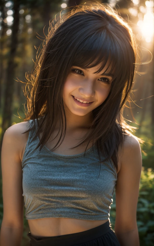 Photo Real, Ultra-realistic, Cinema Lighting, 32k, One girl, (Depressed:1.2), A shy smile, Backlight, Bright light, (Improvement of quality:1.4), (Highest quality real texture skins:1.4), Detailed drawn eyes, Detailed painted face,  Medium Hair, Hair blowing in the wind, bangs, Tank top, skirt, (Enhances the beauty of skin texture:1.1), Matte texture, Foggy morning forest, 