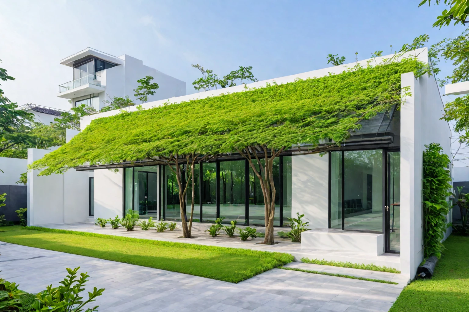 A modern minimalist style single-story villa with a flat roof, white walls and glass windows in Vietnam is surrounded by green lawns, ((road)), ((sidewalk)), (sidewalk trees), The overall architectural design features clean lines and simplicity, creating an elegant atmosphere. Use professional photography techniques to capture details and highlight the unique architecture of contemporary luxury houses in the style of minimalism (curvilinear archrchitecture:1.2)