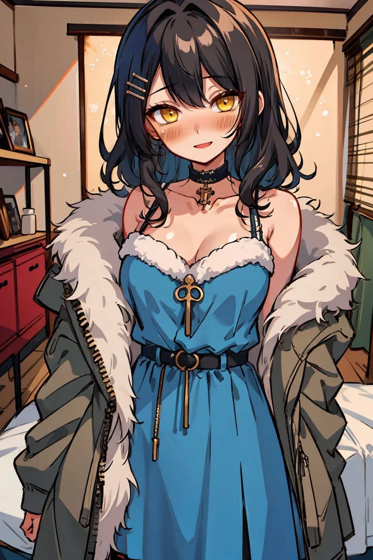 (masterpiece:1.2), (high quality:1.2), (hui xiyi:0.7), rekkyo sensen, rekkyou sensen, girls with((1girl, solo, black hair, yellow eyes, (wavy medium hair, one side up:1.55), blush, breasts, choker, cleavage, coat, cowboy shot, blue rose dress, navy dress, ribbon waist belt, collar, collarbone, rosary, rosary choker, cross, fur, khaki hoodie, green hoodie, hood down, hooded coat, hooded jacket, hoodie, jacket, large breasts, long hair, long sleeves, medium breasts, open clothes, open coat,open hoodie, sleeveless, winter clothes, zipper, cleavage, upper body, hand up, waving, palm)), background with((bedroom, room:2.0))