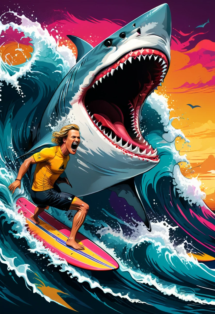 Vector art of a colorful illustration surfer surfing, shark with furious open mouth, UHD, High detail in 32k, background with black border (artwork, best quality, professional, perfect composition, very aesthetic, absurd, Super detailed, Details intricate:1.3)