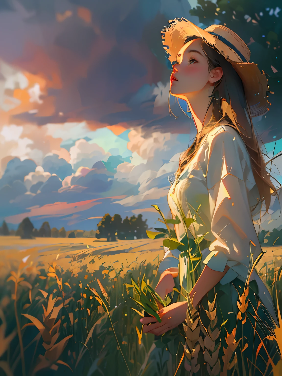 An ultra hot gorgeous European woman. Âge 23. with a straw hat stands in a wheat field, big clouds, blue sky, rice field, neat rice seedlings in the field, forest, hillside, secluded, countryside, HD detail, hyperdetail, cinematic, surrealism, soft light, deep field focus bokeh, ray tracing and surrealism.