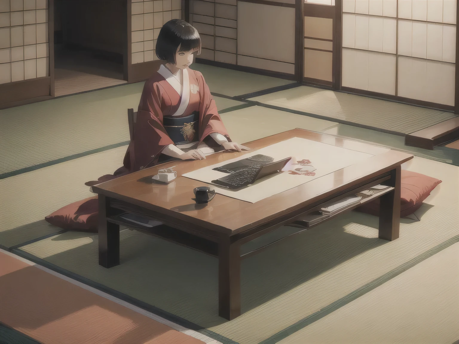 a ceremonial robe of a Japanese court lady, bob cut, tatami room, laptop computer, low table, high resolution, (high quality)