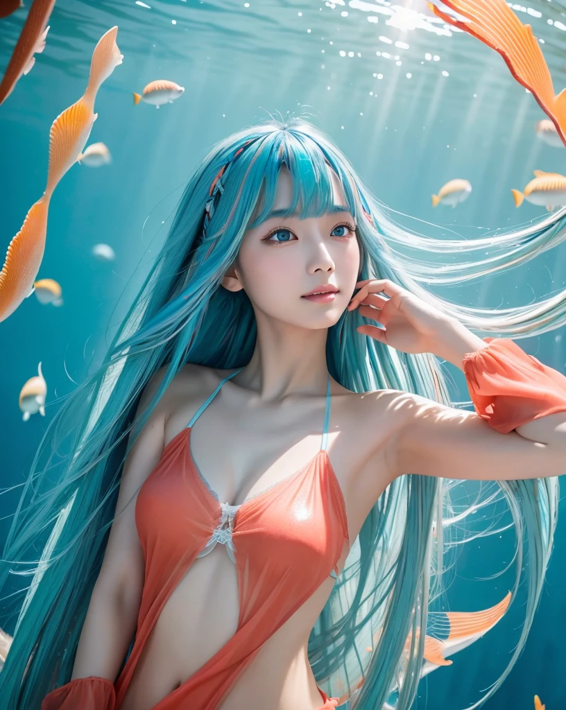 (Highest quality, 32k, High resolution, Masterpiece:1.5, ), marimo_jet, god々A photograph with brilliant dazzling and healing power., Evoking a sense of calm and elusive beauty, Expressing emotions, Have a rich imagination, Beautiful Japanese Girls, ((Swim at the bottom of the ocean:1.5)), An exceptionally beautiful face, Small Face Beauty, Perfect Human Anatomy, Magical big eyes, Motherhood and generosity, Deep Love, fleeting smile, ((Shiny light blue hair:1.4)), Super long straight silk hair swaying in the wind, Asymmetrical bangs, Hair between the eyes, Transparent, soft white skin, Sharp eyebrows, Thin lashes, Natural Makeup, Cheek highlighter, Lips with fine detail, (White see-through camisole:1.4), High resolutionの完璧な鎖骨, High resolutionの美しい胸元, Slim figure with ample breasts, High resolutionの美しい太もも, ((World in the Sea:1.5)), ((Brilliant coral reefs:1.3)), ((Vivid tropical fish:1.3)), Professional photographer, Professional Lighting, Professional models, god秘的