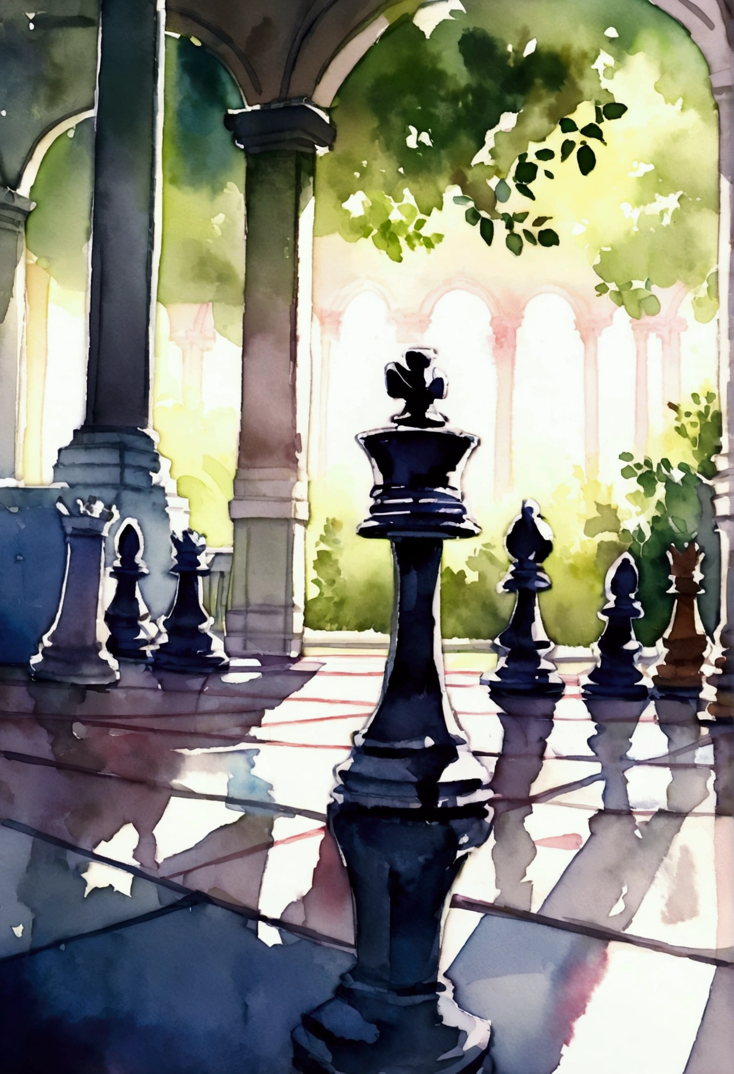 chess game in the palace park, watercolor