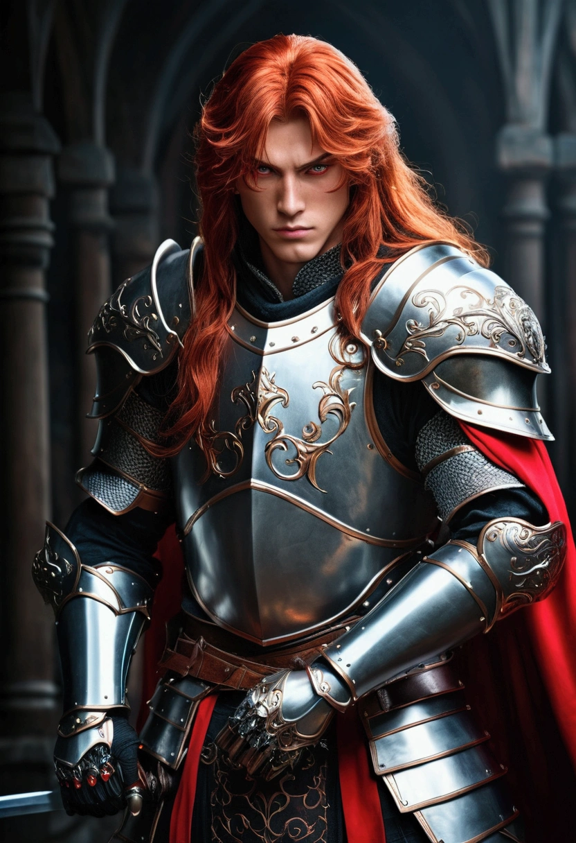 a handsome noble knight, detailed armor, long red hair, red eyes, red and black clothes, elbow protectors, knee protectors, hand armor, leg armor, fantasy world, (best quality,4k,8k,highres,masterpiece:1.2),ultra-detailed,(2 dimension art, photo,photo-anime:1.37),intricate details,chiaroscuro lighting,cinematic composition,dramatic lighting,dark fantasy,moody atmosphere,rich colors, fantasy,