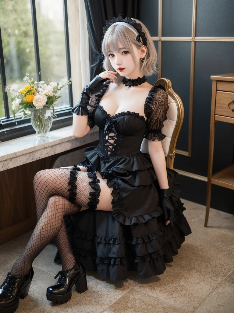 (8K, Photorealistic, Raw photo, Highest quality: 1.4),Japanese idol-style beautiful girl,model,1 person,18-year-old,(Short Bob),(Silver Hair :1.1),She has her hair tucked behind her ears,Headband,Clear grey eyes,Long eyelashes,(piercings(small)),(Pale, lifeless skin(Foundation)),(Lip gloss(Black :1.1)),thin long neck,Large Breasts,(Lace gloves),(gothic ta dress(Frills,Puffy long skirt :1.1)),(layer),(Fishnet tights),Lolihoes,Sitting in a chair,(Legs are V-shaped),(Background of a room with heavy Gothic-style stone stained glass),Full body portrait