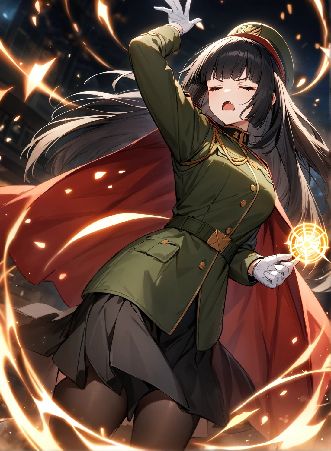 (masterpiece, best quality, very aesthetic, absurdres:1.2), game cg, 1girl, solo, black hair, long hair, straight hir, blunt bangs, hime cut, closed eyes, (black millitary jacket:1.2), red cape, (millitary hat, black skirt:1.2), black thighhighs, black millitary boots, gloves, white gloves, arm up, command, frown, magic, magic circle, open mouth, night, black background