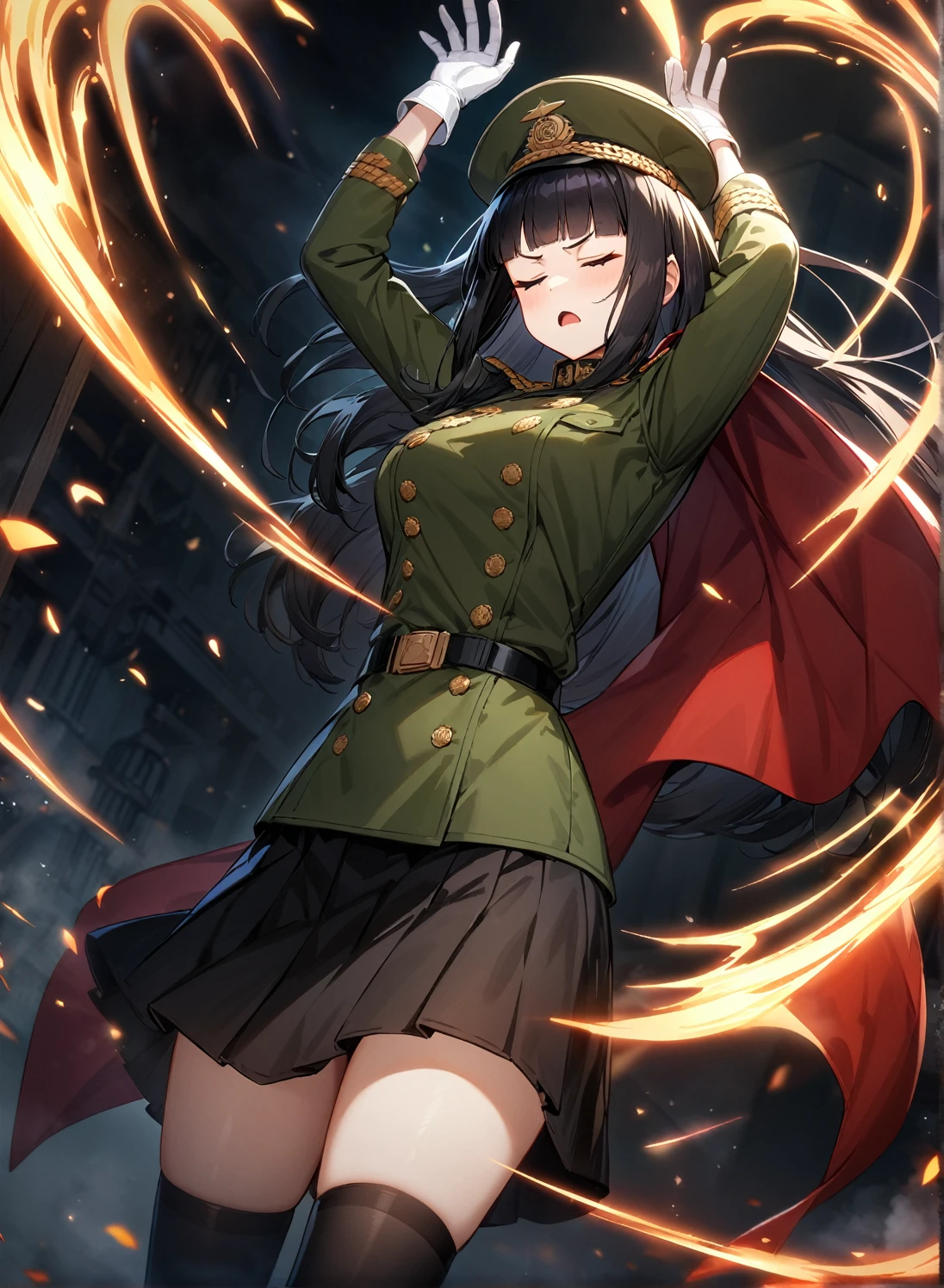 (masterpiece, best quality, very aesthetic, absurdres:1.2), game cg, 1girl, solo, black hair, long hair, straight hir, blunt bangs, hime cut, closed eyes, (black millitary jacket:1.2), red cape, (millitary hat, black skirt:1.2), black thighhighs, black millitary boots, gloves, white gloves, arm up, command, frown, magic, magic circle, open mouth, night, black background