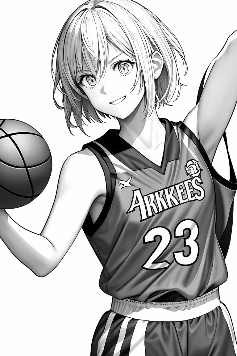 masterpiece,, One Girl, alone, short, White Background, Monochrome, Line art, ((sketch))、Look forward、Wear a basketball uniform、fun expression、With arms outstretched、Bob Hair