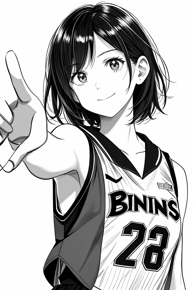 masterpiece,, One Girl, alone, short, White Background, Monochrome, Line art, ((sketch))、Look forward、Wear a basketball uniform、fun expression、With arms outstretched、Bob Hair