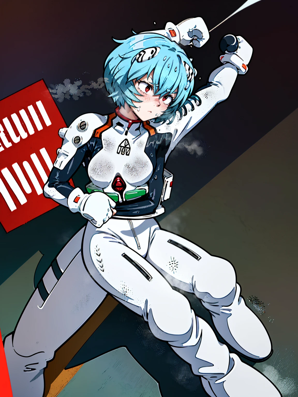 ((Highest quality, 8k wallpaper)),(masterpiece, Highest quality),Very detailed,High resolution,(Official Art:1.3),(((Anime screenshots,Black outline))),One girl,alone, Break mer1,(Rei Ayanami {Neon Genesis Evangelion,}1.2),masterpiece, best quality, outdoor, 1girl, Solo,red eyes,short hair,blue hair, (White plug suit:1.4), skin tight,(Tired look, A look of regret, Struggled, Half-closed eyes, fear, humiliation, Frightened, anxiety:1.3),(((Covered in sweat, Mass sweat, Sweating profusely,steam:1.7))), (kneeling, arms behind back:1.8), (Dirty Costume with mud,gym storeroom:1.5),(((dirty:1.4))),(((Tape Gag:1.4))),(((tied_wrist:1.4))),