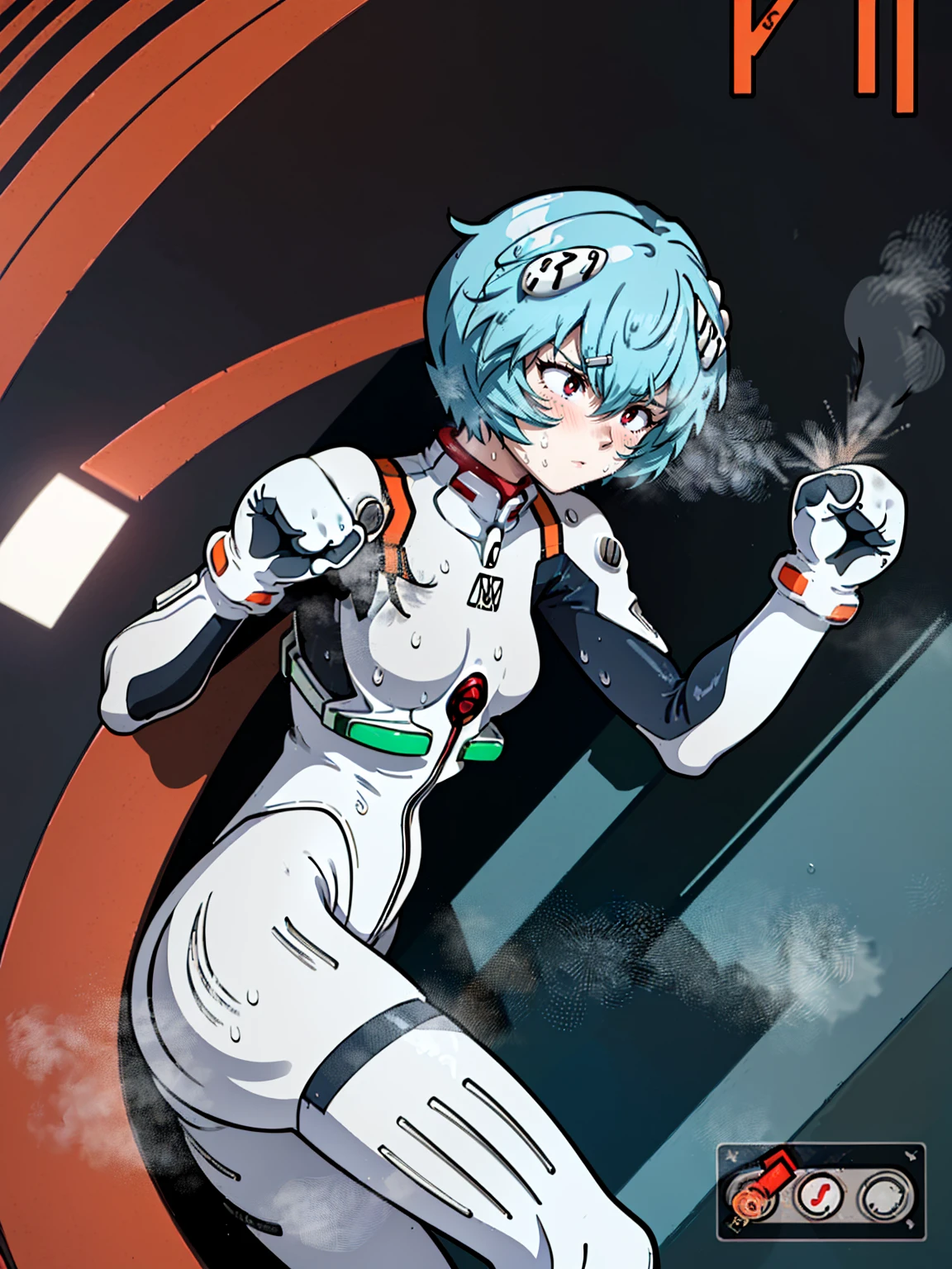 ((Highest quality, 8k wallpaper)),(masterpiece, Highest quality),Very detailed,High resolution,(Official Art:1.3),(((Anime screenshots,Black outline))),One girl,alone, Break mer1,(Rei Ayanami {Neon Genesis Evangelion,}1.2),masterpiece, best quality, outdoor, 1girl, Solo,red eyes,short hair,blue hair, (White plug suit:1.4), skin tight,(backlight, shaded face, cross-eyed, rolling eyes, empty eyes, jitome, raised eyebrows, one eye closed:1.3),(Tired look, A look of regret, Struggled, Half-closed eyes, fear, humiliation, Frightened, anxiety:1.3),(((Covered in sweat, Mass sweat, Sweating profusely,steam:1.7))), (((knees together feet apart, leaning forward, bent legs:1.4))),(((独奏, cowboy shot:1.6))),(((fighting stance, face punch, punching, punched in the face, Punch sticks to face,Ryona:1.8))),