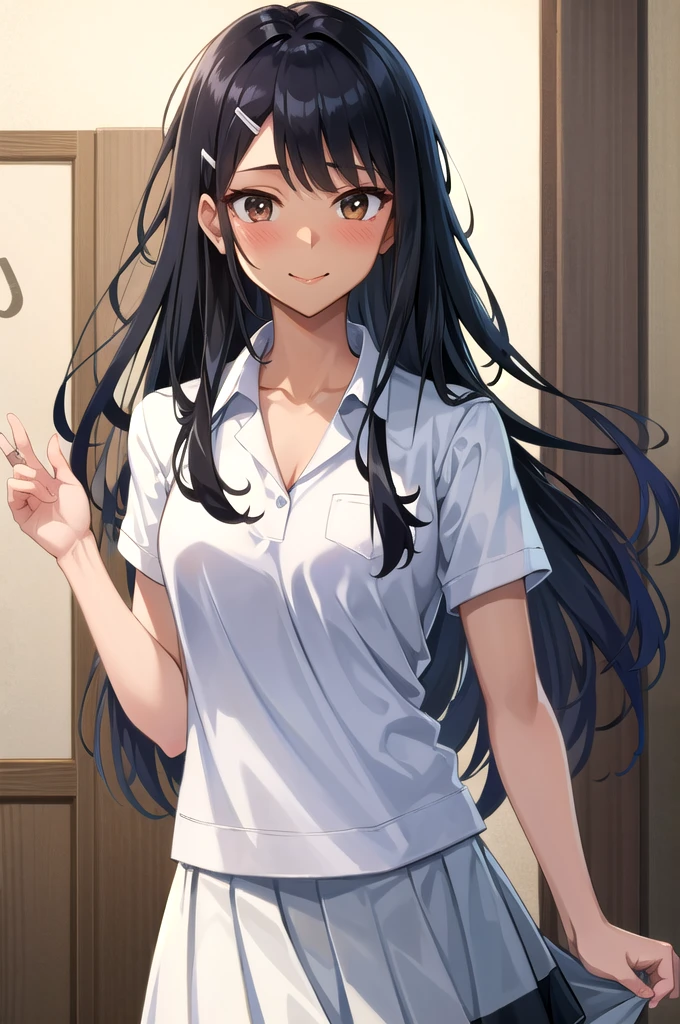 ((Highest quality)), ((masterpiece)), (detailed), One personの少女, sexy ((Highest quality)), ((masterpiece)), (detailed), One personの少女, sexy ((Highest quality)), ((masterpiece)), (detailed), One personの少女, whole body,the_Nagatoro_main, nagatoro hayase, One personの少女, Blushing, One person, White uniform polo shirt, Black Hair, Brown eyes, hair accessory, View your viewers, Hair Clip, smile, Long Hair, Dark Skinned woman, Dark Skin, , bangs, Daytime, skirt, Collared shirt, clavicle, Ear clip, Mouth closed, wood, asymmetrical bangs, Upper Body