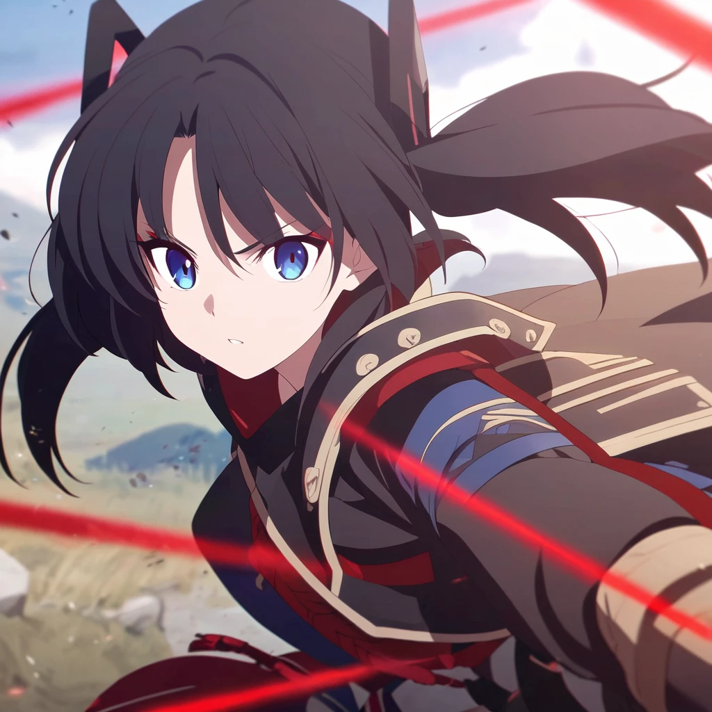 girl, anime, warrior, short hair with red and blue lines, pretty eyes, black hair, full leather, YOUNG, with a fringe in front, epic, with pigtails, warrior clothing